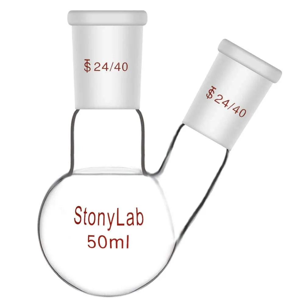 StonyLab Glass 50ml Heavy Wall 2 Neck Round Bottom Flask RBF, with 19/22 Center and Side Standard Taper Outer Joint - 50mL