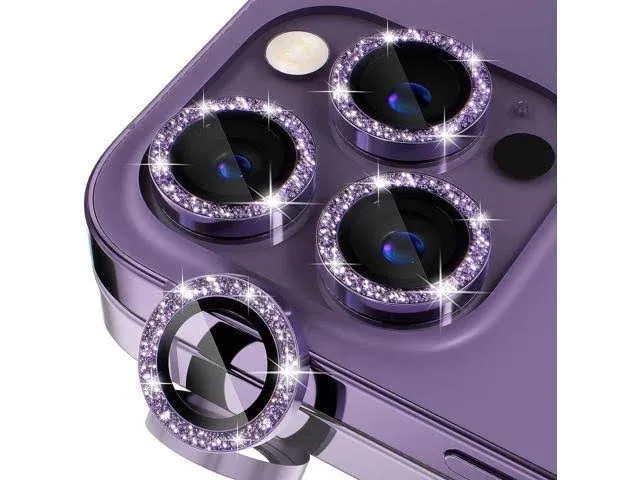 [3+1] for iPhone 14 Pro/iPhone 14 Pro Max Camera Lens Protector Bling, 9H Tempered Glass Camera Cover Screen Protector Metal Individual Ring Protector Decoration Accessories, Purple Glitter