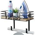 TJ.MOREE Ironing Board Hanger Metal Wall Mount Iron and Ironing Board Holder, Laundry Room Decor and Storage with Large Storage Black Wooden Base Basket and Removable Hooks