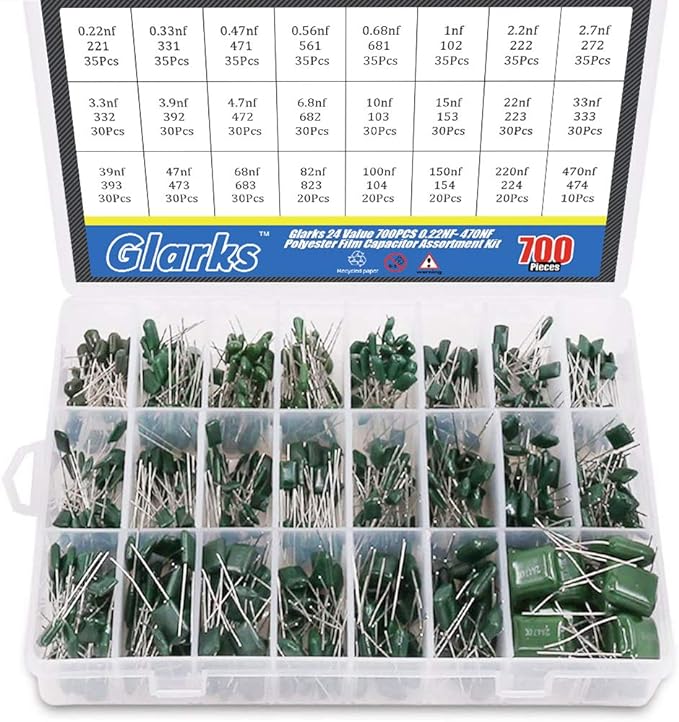 Glarks 24 Value 700PCS 0.22NF- 470NF Polyester Film Capacitor Assortment Kit