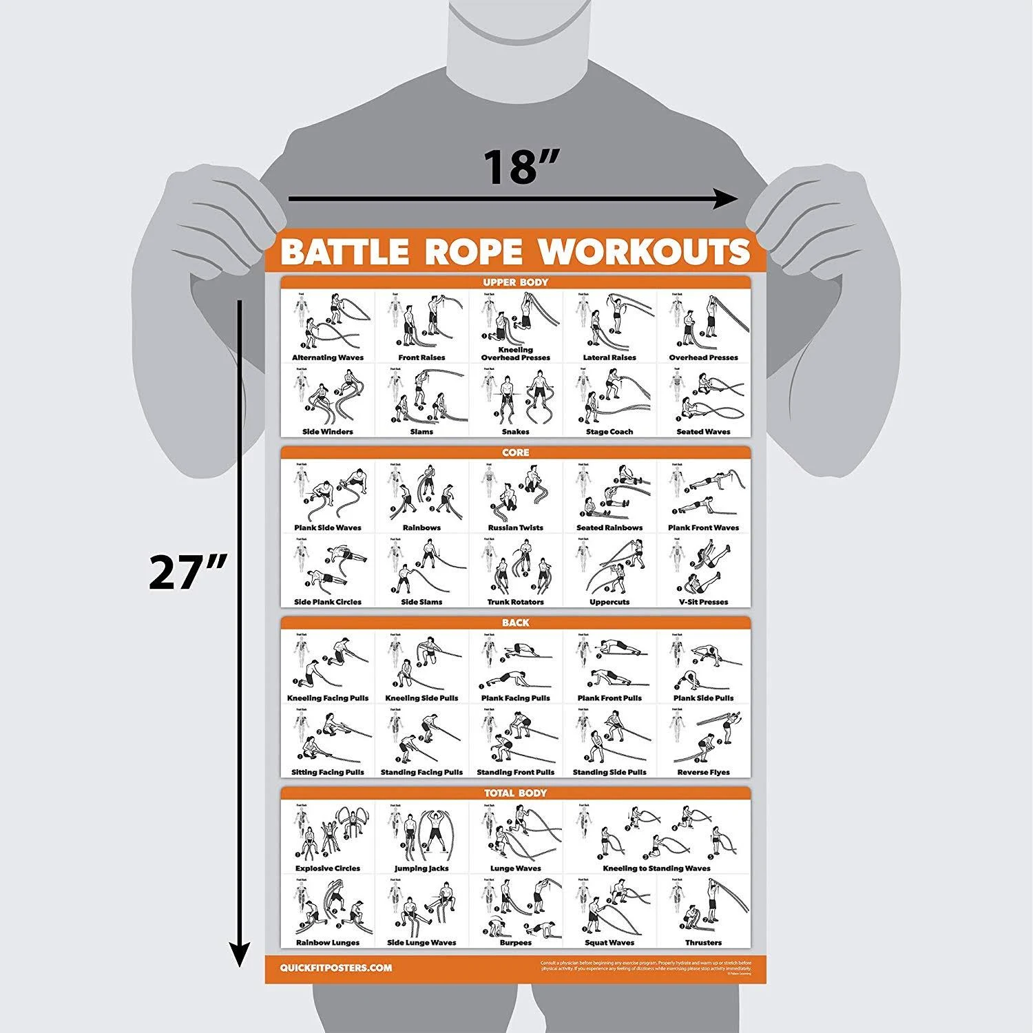 QuickFit Battle Rope Workout Poster - Laminated - Illustrated Exercise Chart (Laminated, 18" x 24")