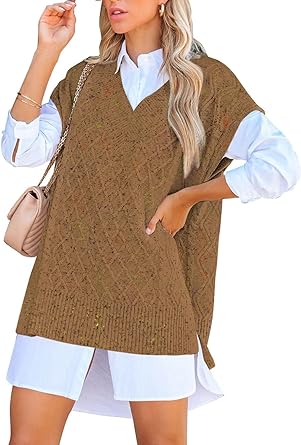 Viottiset Women&#039;s Oversized V Neck Knit Sweater Vest Tunic Sleeveless Pullover T