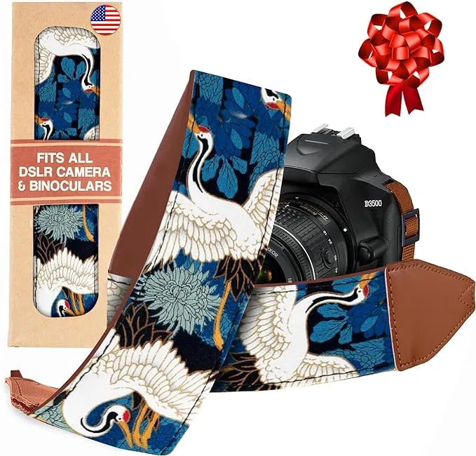 Camera Strap Blue Crane Gold - Animal Print Camera strap, Camera strap For Canon, Nikon, Sony and more -Cool gift for Photographers