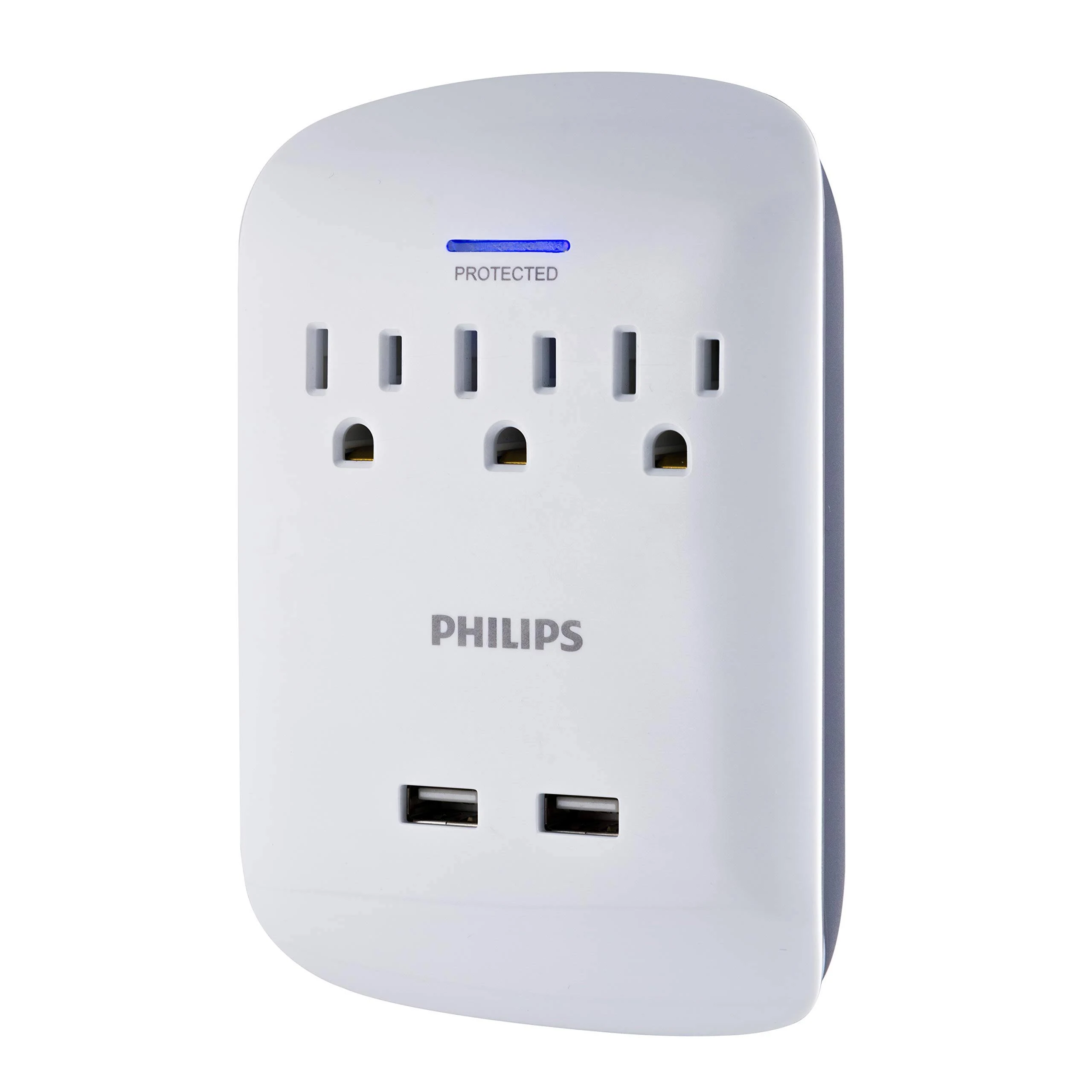 PHILIPS 3-Outlet Extender with 2-USB Port Surge Protector, Charging Station, 900 Joules, Grounded Power Adapter, Indicator Light, 3-Prong, 2.4 AMP/12 Watt, ETL Listed, White, SPP6233WB/37