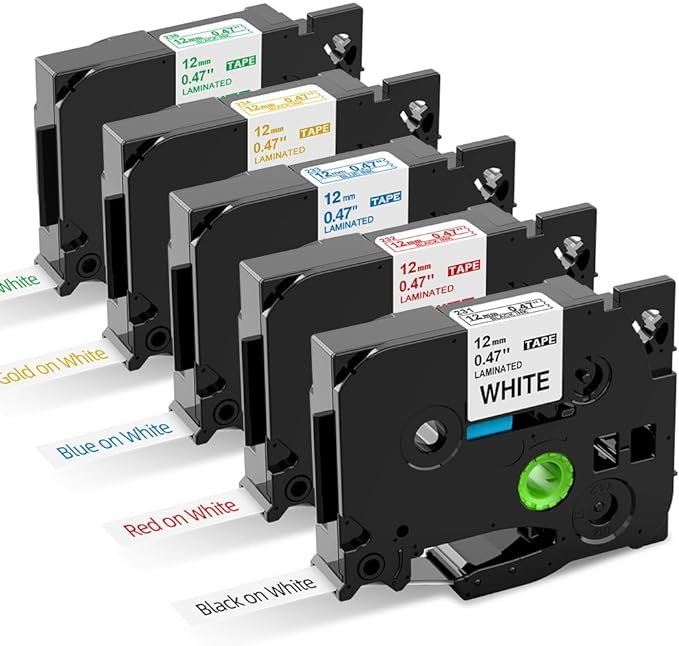 TZ Tape Compatible with Brother TZe Tape 12mm 0.47'' Laminated White P-Touch Label Tape for PTD220 PTH110 PTD210 PTD410 P Touch Label Maker Tape, Black/Red/Blue/Green/Gold on White, 5PK