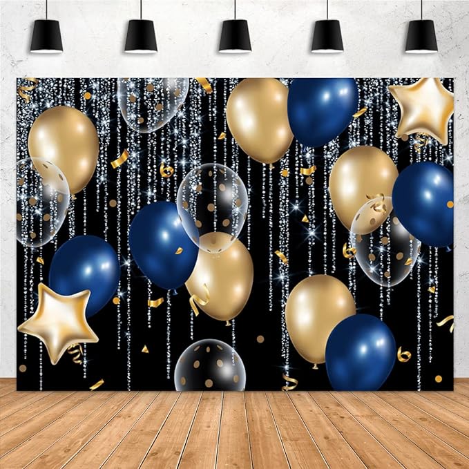 Aperturee Silver Glitter Balloons Backdrop 7x5ft Royal Blue and Gold Birthday ...