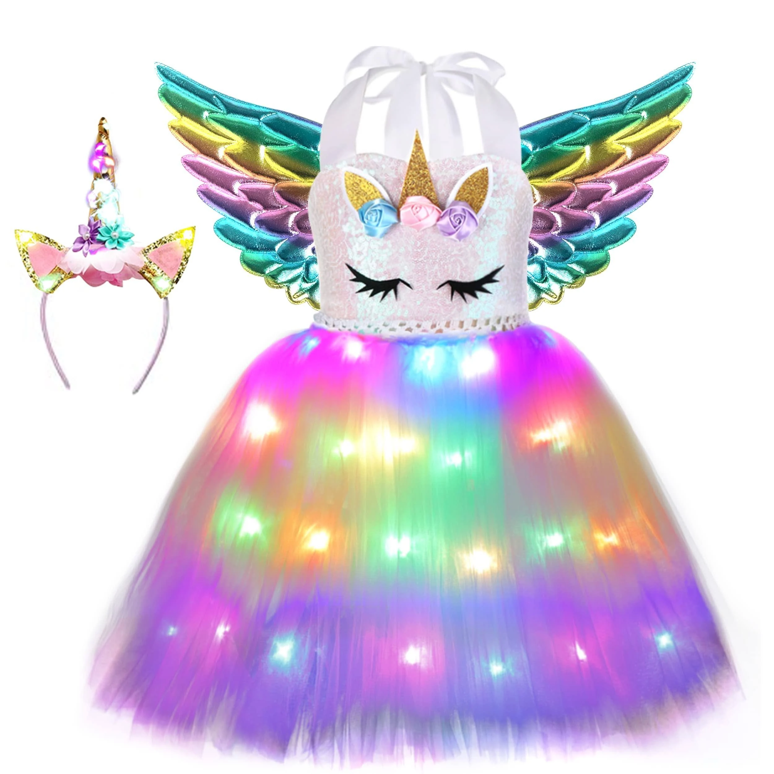 Soyoekbt Girls Unicorn Costume LED Light Up Unicorn Dress Birthday Party Princess Dress for Halloween Party