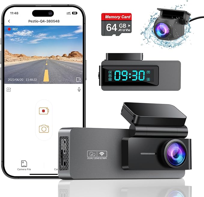 Dash Cam Front and Rear 4K+1080P, Free 64GB SD Card, Built-in WiFi, Dash Camera for Cars, Car Camera, Dual Dashcams for Cars with Night Vision, 24 Hours Parking Monitor, Loop Recording