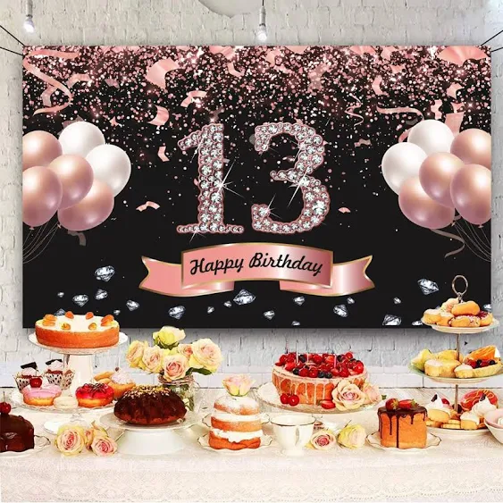 Trgowaul Happy 13th Birthday Decorations for Girls - Rose Gold 13th Birthday Backdrop Banner， Official Teenager Birthday Party Suppiles Photography Background，Thirteenth Year Old Birthday Decorations