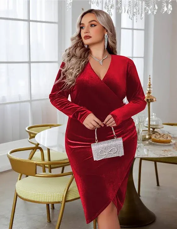 IN&#039;VOLAND Womens Plus Size Long Sleeve Velvet Bodycon Dresses Ruched Wrap V Neck