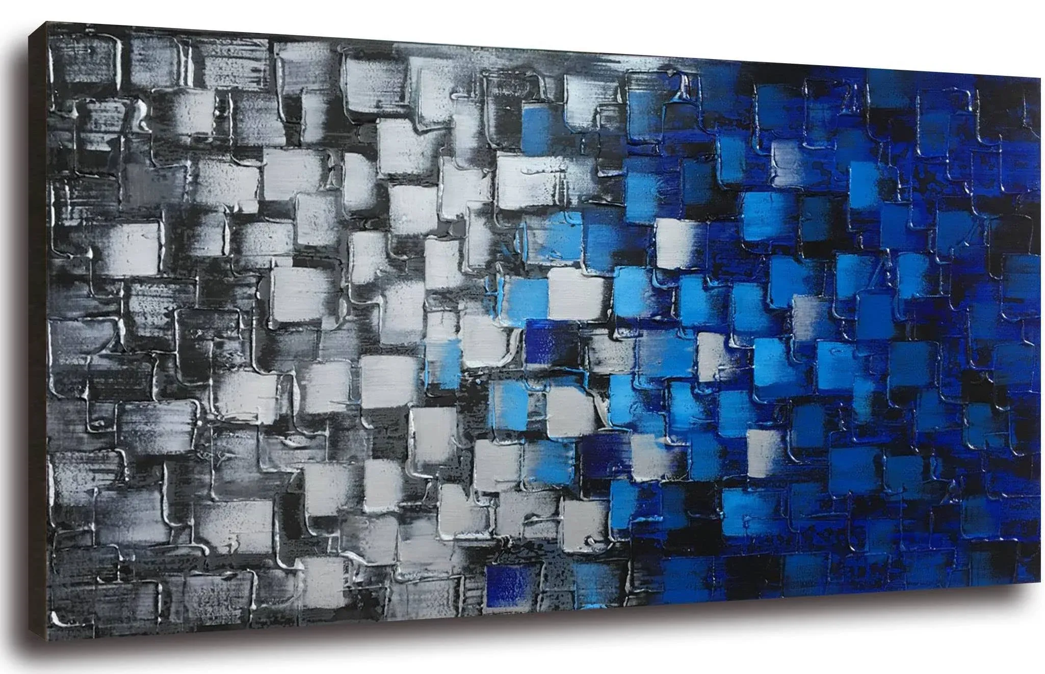 Large Textured Abstract Squares Canvas Wall Art Handmade Blue and Silver Oil ...