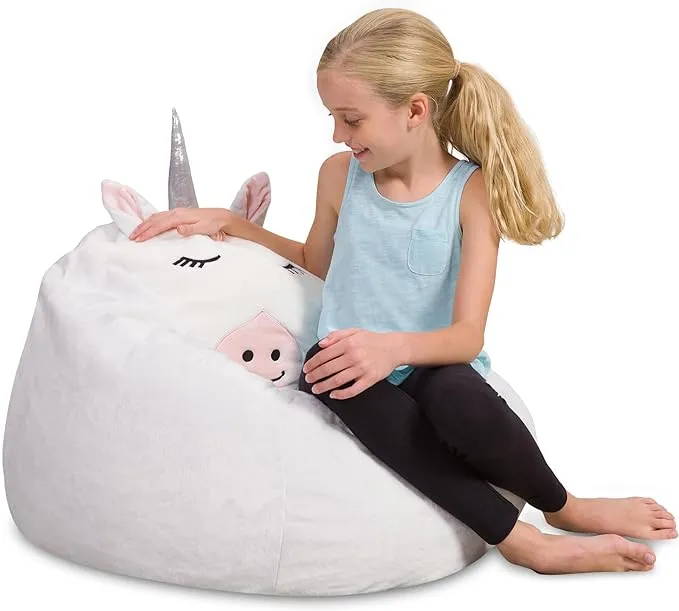 Posh Creations Cute Soft and Comfy Bean Bag Chair for Kids, Large, Animal - White Unicorn