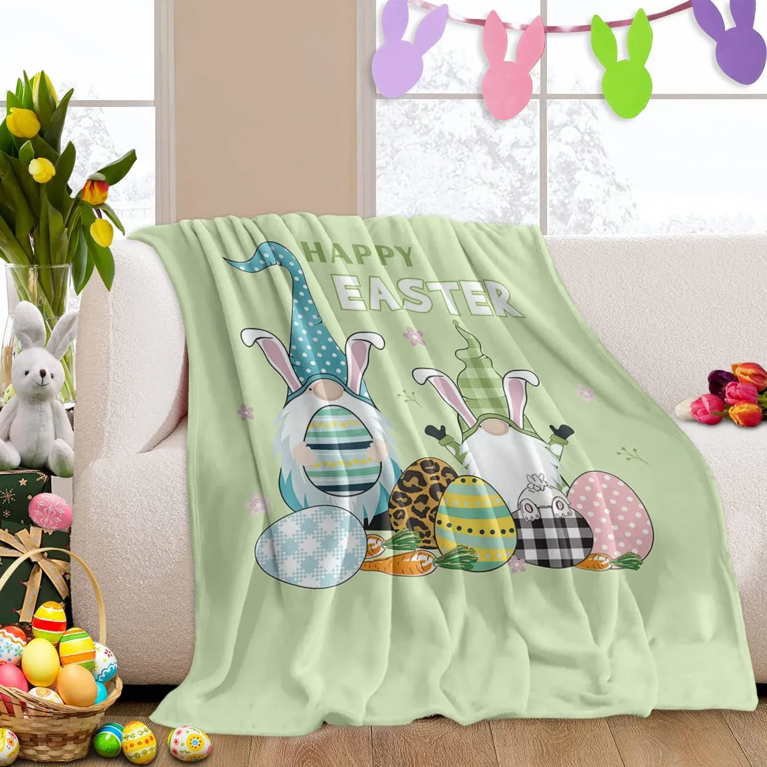 Happy Easter Flannel Fleece Throw Blanket Cute Gnomes and Eggs Carrots Soft Blan