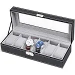 NEX Watch Case, 6 Slot Leather Watch Box Display Case Organizer Glass Jewelry Storage