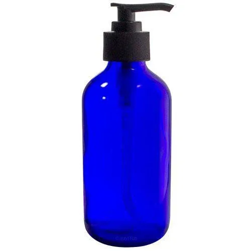 8 oz Cobalt Blue Glass Boston Round Bottle with Black Lotion Pump 6 pack