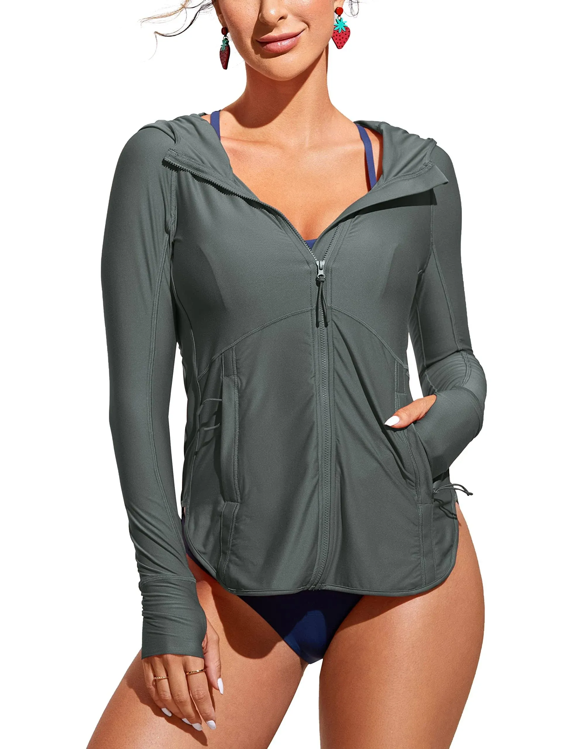 CRZ Yoga Women's Swimwear Rash Guard UPF 50+ Full Zip Hoodies Mountain Green / L