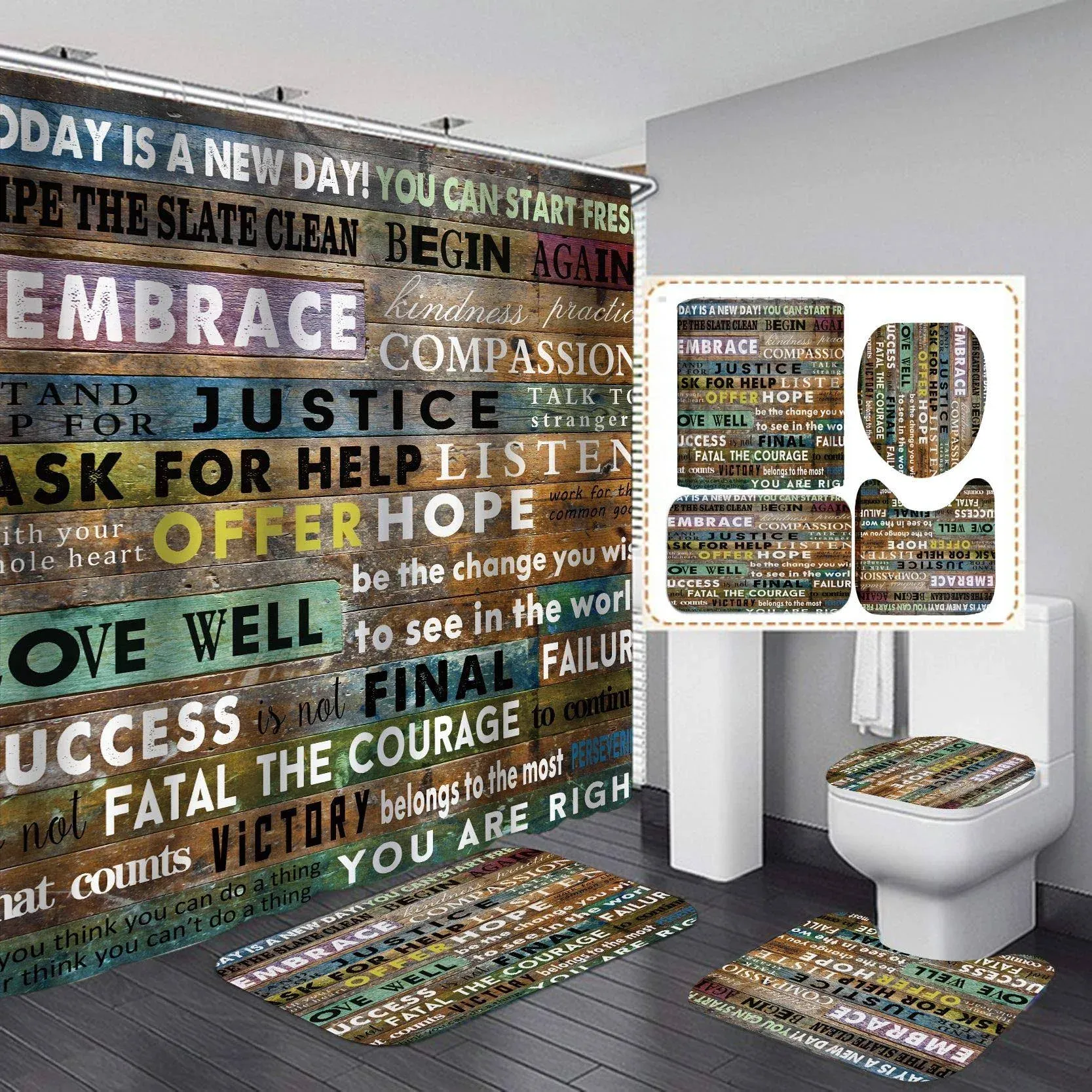 4 PCS Inspirational Quotes Brown Shower Curtain Sets with Non-Slip Rugs and T...