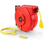 ReelWorks Extension Cord Reel Retractable 12AWG x 65' Foot 3C/SJT Heavy Duty Commercial Cable Triple Tap Connector Power 15A 125VAC 1875W