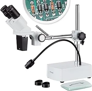 Amscope 10x Binocular Stereo Microscope on Boom Arm Stand and LED Goose-Neck Light