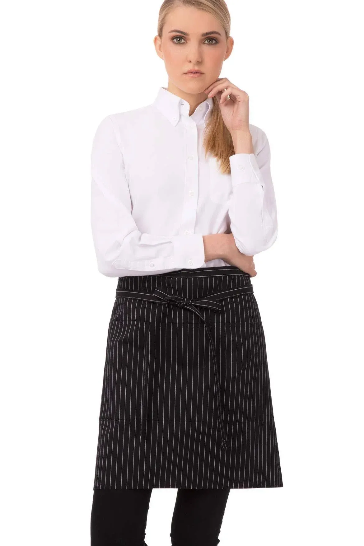 Chef Works F28-BWP0 Half Bistro Apron White Pinstripe