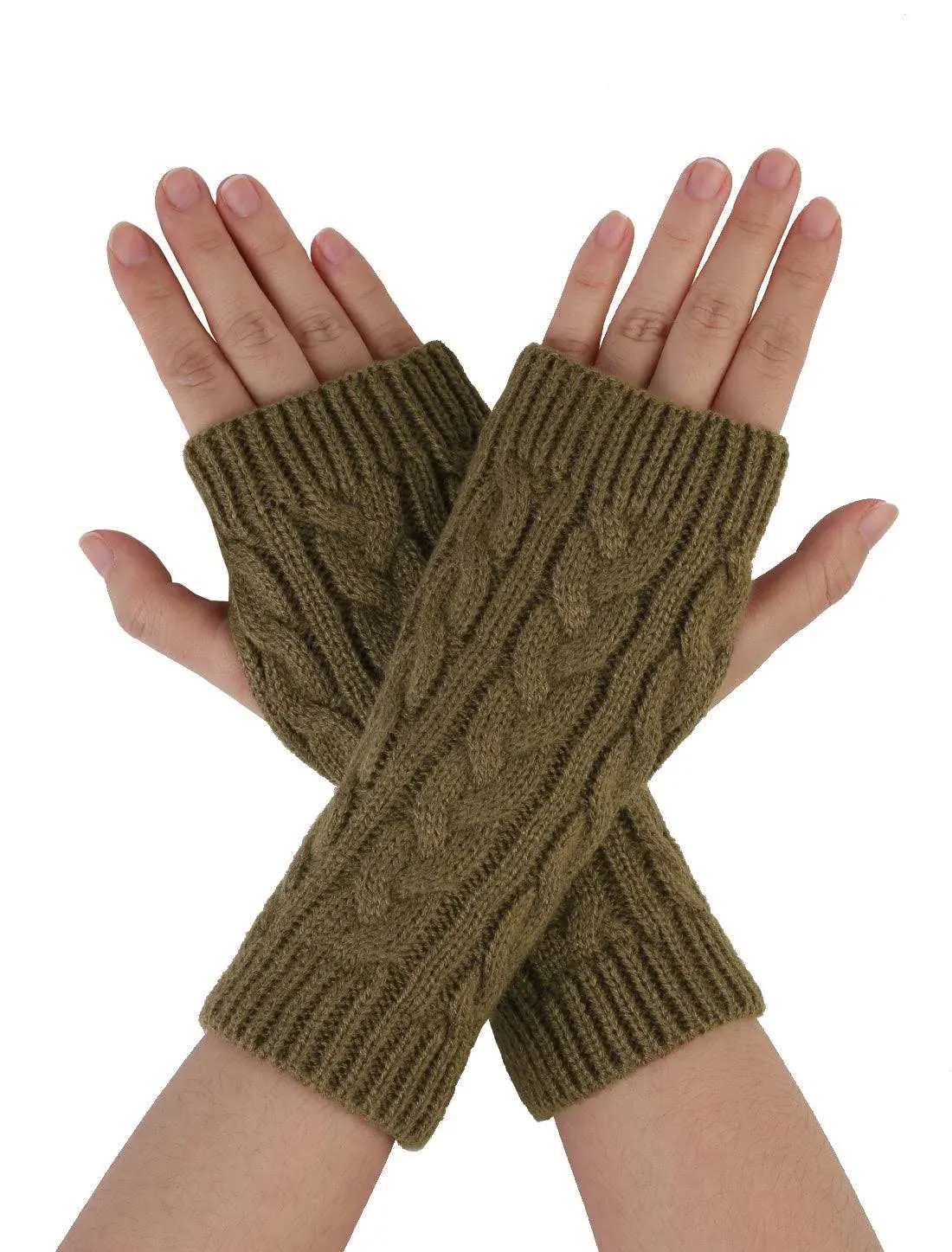 Ribbed Wrist Arm Warmers Stretchy Cable Knitted Fingerless Gloves, Brown / One Size