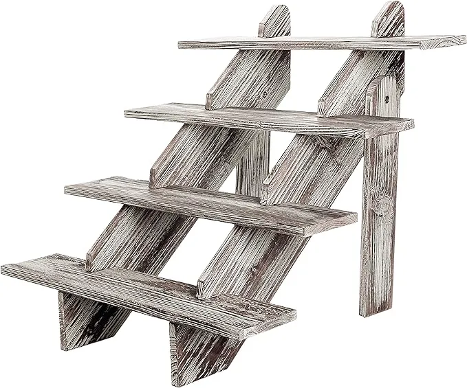 MyGift Rustic Torched Brown Wood Retail Display Riser, Cascading 4-Tier Decorative Merchandise and Cupcake Stair Stand