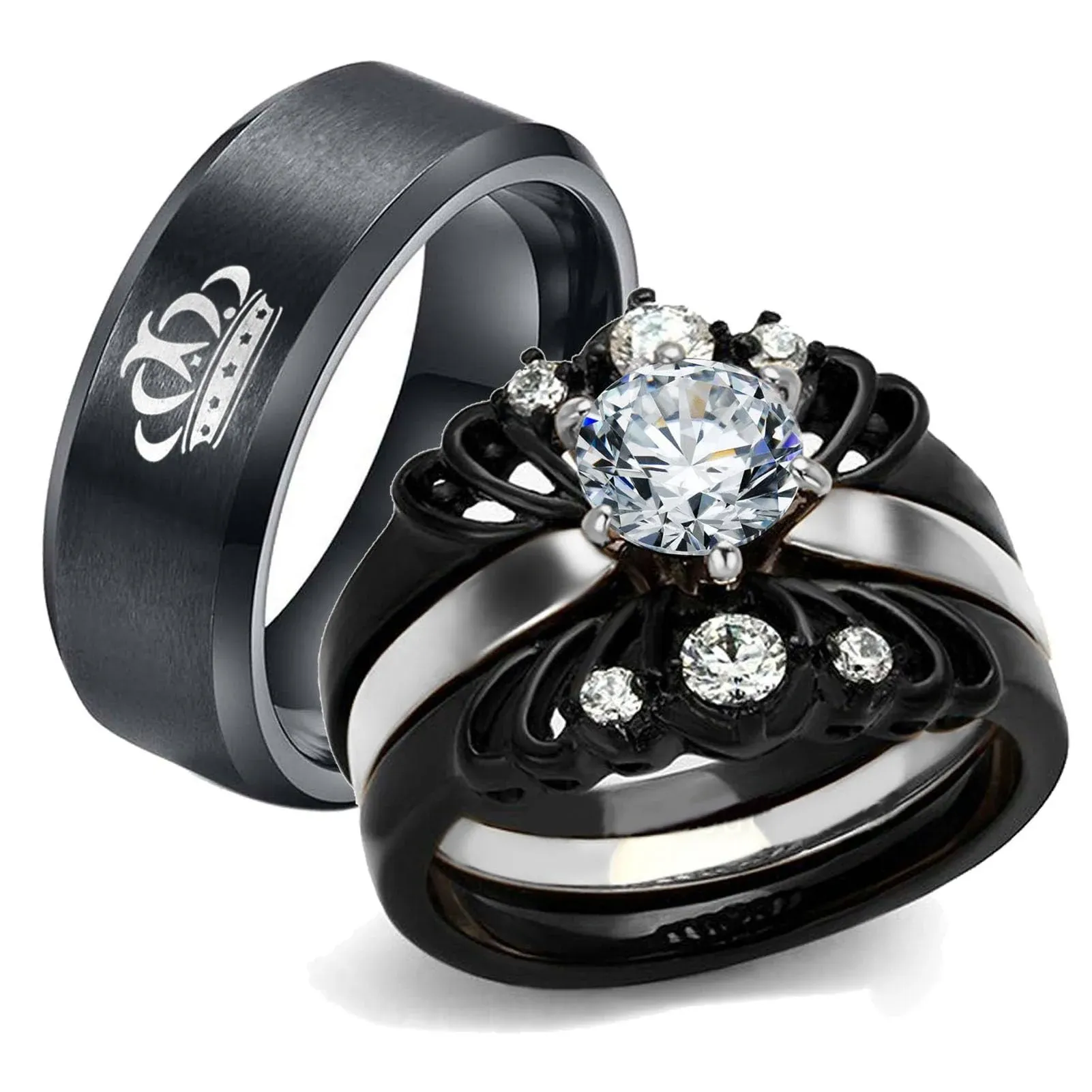 Ringheart Couple Rings Black Matching Rings Crown Ring Women Wedding Ring Sets for Him and Her