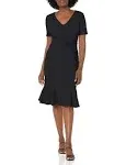 London Times Women's V-Neck Polished Flounce Hem Twist Waist Detail Feminine Office Event Guest of