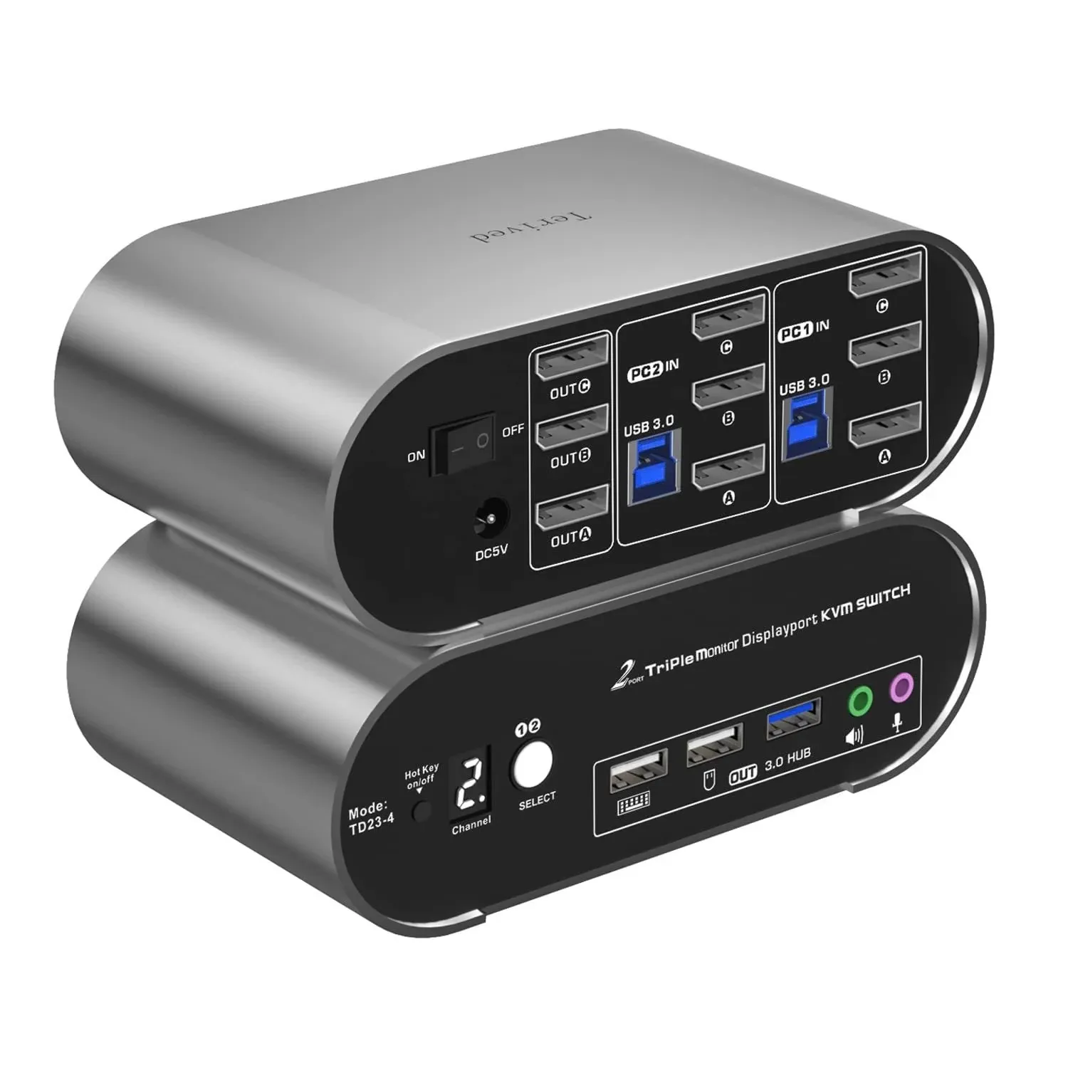 Terived Automatic KVM Switch USB 3.0 4K@144Hz, 2K@240Hz Triple Monitor Aluminum HDR10