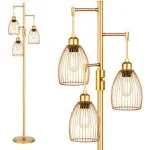 Dimmable Industrial Floor Lamps for Living Room, Gold Tree Standing Tall Lamps with 3 Elegant Teardrop Cage Head & 800 Lumens LED Bulbs for Bedroom Office