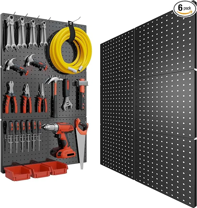 Peg Board, 6PCS Metal Pegboard, Heavy Duty Pegboard Wall Organizer with Frame. Black Pegboard for Walls, Garage, Workbench, Craft Room Tool Organization, Metal Pegboard Panels 12in*12in