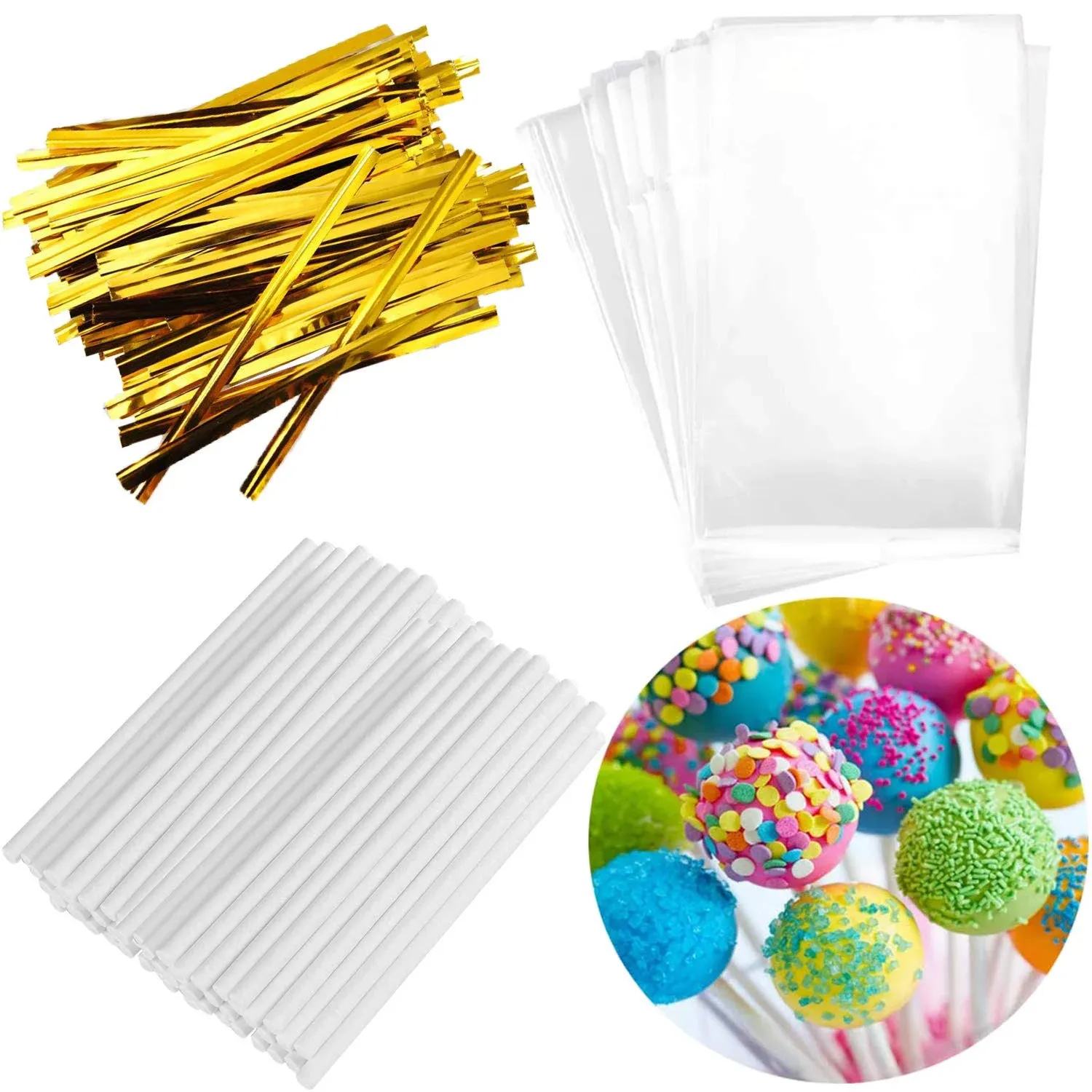 300PCS Lollipop Cake Pop Treat Bag Set Including 100pcs Parcel Bags, 100pcs * Treat Sticks, 100pcs Gold Metallic Twist Ties For Making *, Cake Pops, Candies, Chocolates And * Christmas Halloween Decoration Party Favors