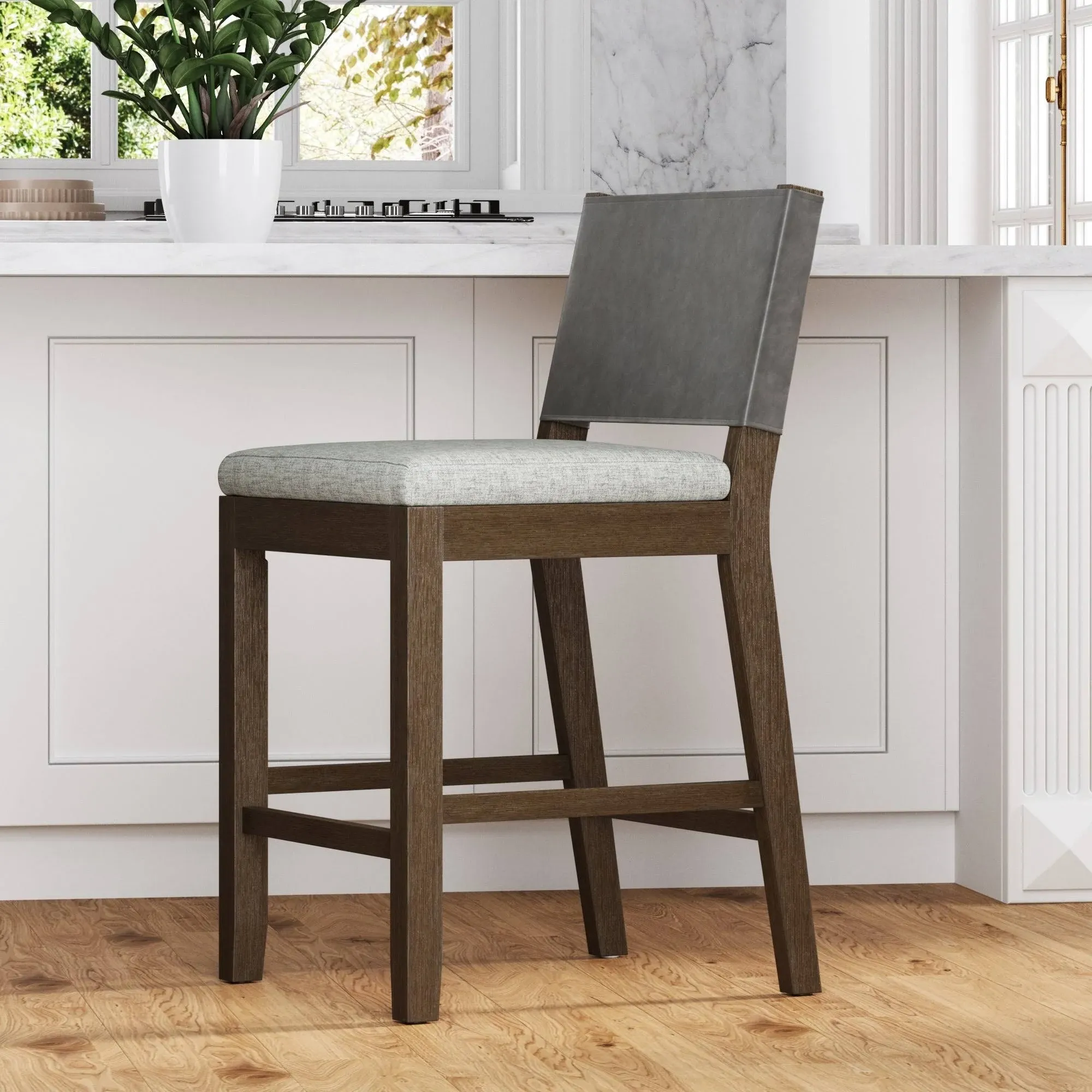 Nathan James Linus Bar Stool, Upholstered Counter Height, Faux Leather Back, Solid Rubberwood Legs, Dark Brown