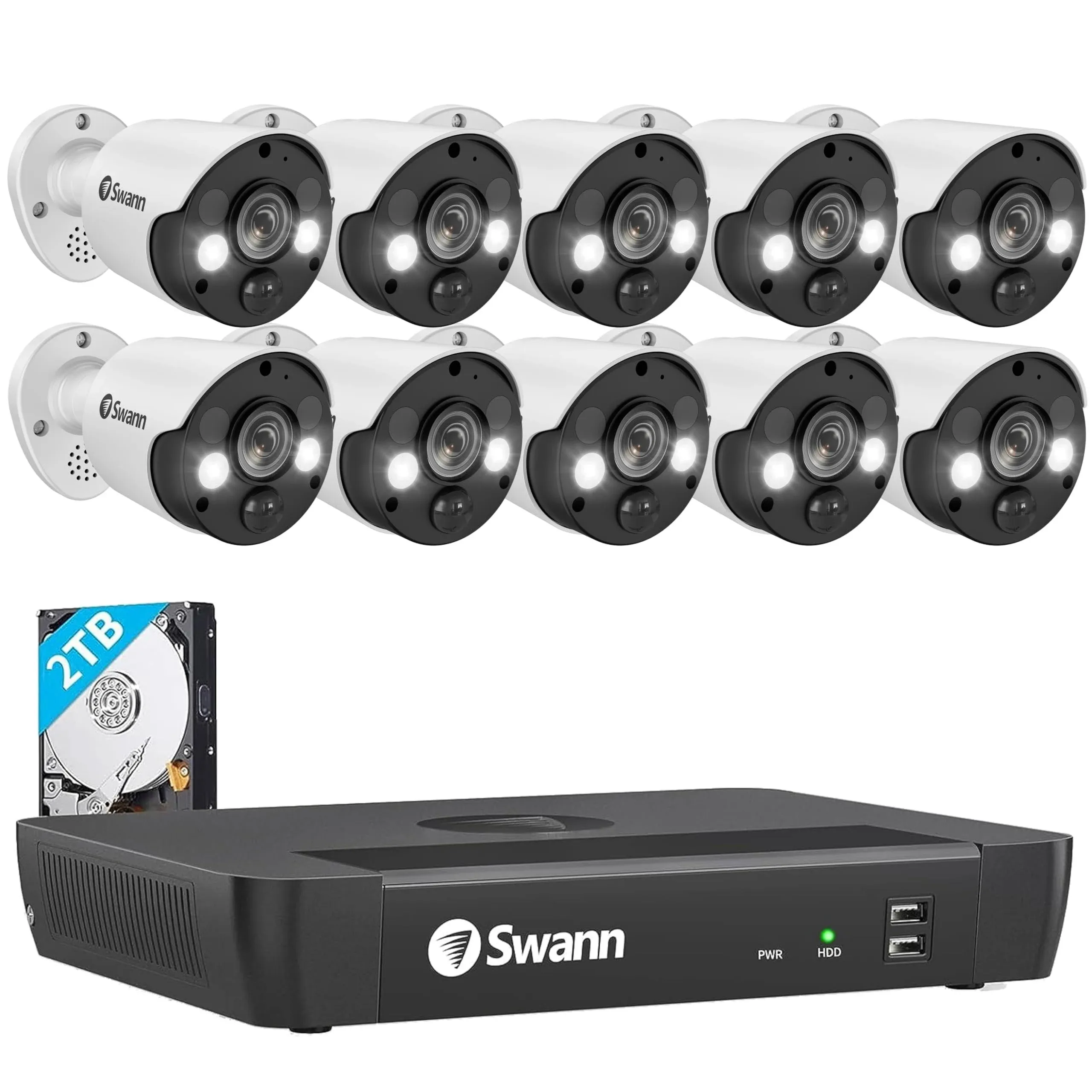 Swann - 16 Channel 2TB NVR, 10 x 4K PoE Cameras, w/Dual LED Spotlights, Color Night Vision & Free Face Detection - White