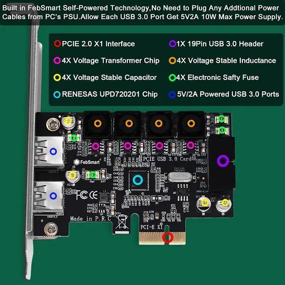 Febsmart 1x 19pin Usb 3.0 Header and 2x Usb-a Ports Pcie Usb 3.0 5gbps Expansion Card for Windows and Linux Desktop Pcs