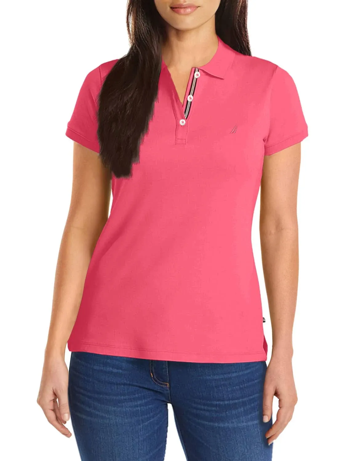 Nautica Women&#039;s 3-Button Short Sleeve Breathable 100% Large, Melon Pink 