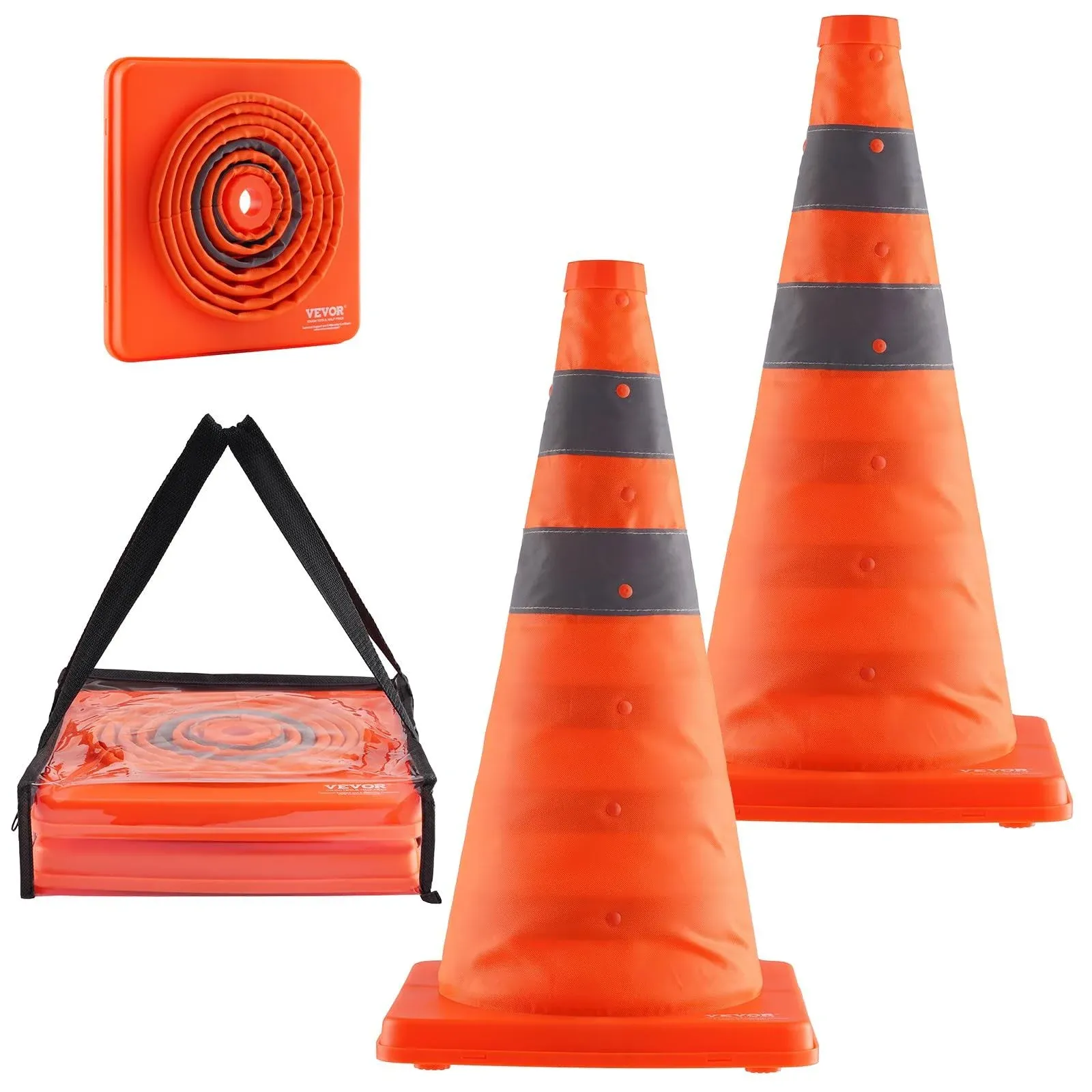 VEVOR Safety Cones, 2 Pack 18 inch Collapsible Traffic Cones, Construction Cones with Reflective Collars, Wide Base and A Storage Bag, for Traffic Control, Driving Training, Parking Lots