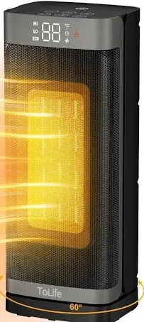 Space Heater Indoor with Thermostat, 16 inch PTC Electric Heater, 60°Oscillating, 4 Modes, 12h Timer, 1500W Portable Heater for Indoor Use, Grey