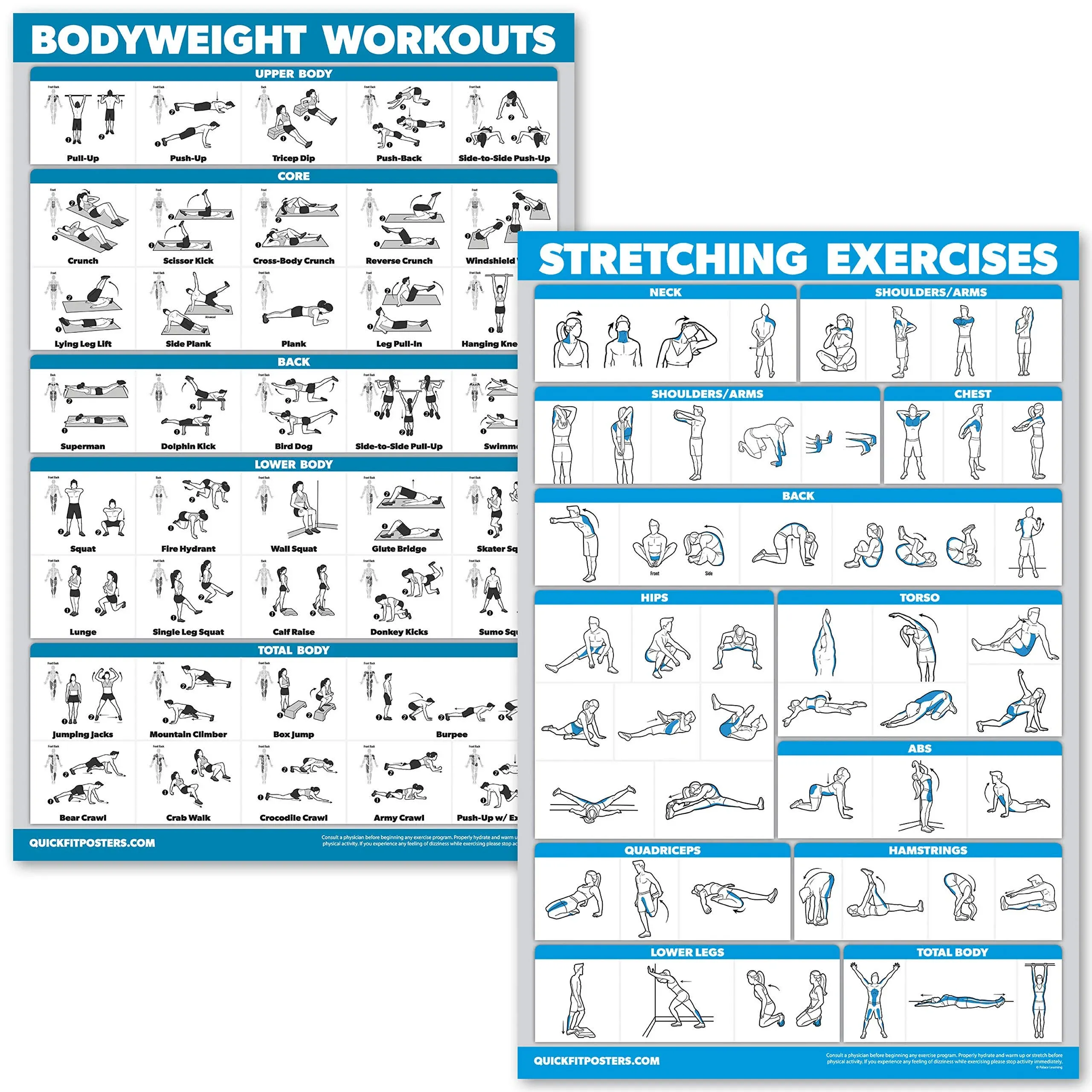 Bodyweight Workouts and Stretching Exercise Poster Laminated 2 Chart Set Body 