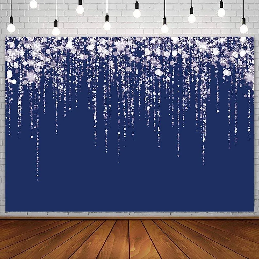 7x5ft Navy Blue Silver Glitter Backdrop Birthday Party Decorations Supplies W...