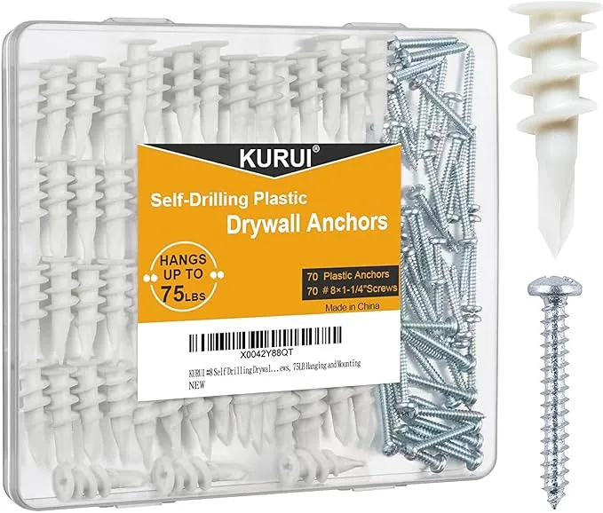 KURUI #8 Self Drilling Drywall Anchors, 140pcs Wall Anchors and Screws for Shelf Brackets, Mirror, Curtain Rods, 70 Self-Tapping/Threaded Plastic