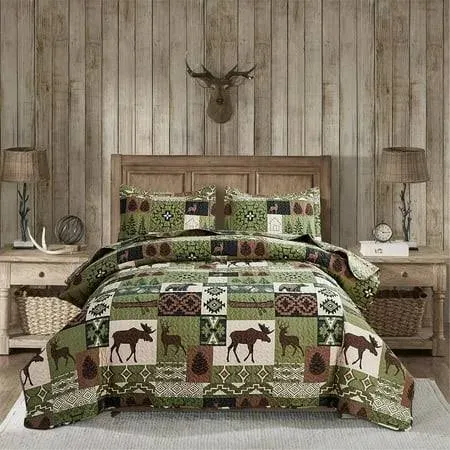 ARL HOME Quilt Set King Size Rustic Bedding Green Plaid Quilt Forest Moose Bear Bedding Lodge Cabin Bedspread Coverlet Lightweight Reversible Microfiber Quilt