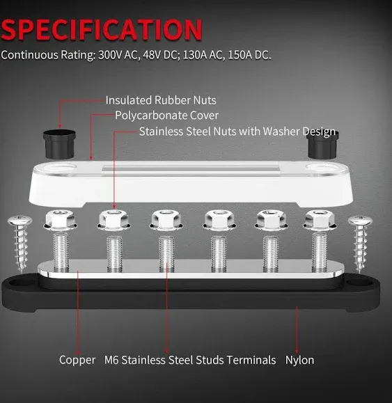 DAIERTEK Marine Bus Bar 12V 6 x 1/4" (M6) Terminal Studs 12 Volt Bus Bar Power Distribution Block with Cover Max 300V AC 48V DC Positive & Negative Battery Terminal Block for Automotive Car Boat