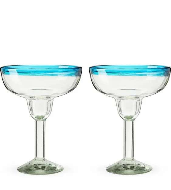 Segunda Vida Primavera Stemmed Margarita Glasses - Blue Rim Margarita Glass Set Made in Mexico - 100% Recycled Glass 10oz Set of 2