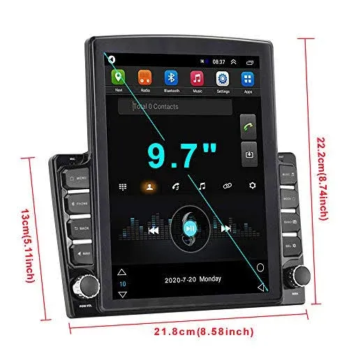 Android 9.0 Double DIN GPS Navigation Car Stereo, 9.7'' Vertical Touch Screen 2.5D Tempered Glass Mirror Bluetooth Car Radio with Backup Camera