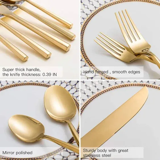 Gold Silverware Set Flatware Set Stainless Steel Cutlery Set 40 Pieces Hexago...