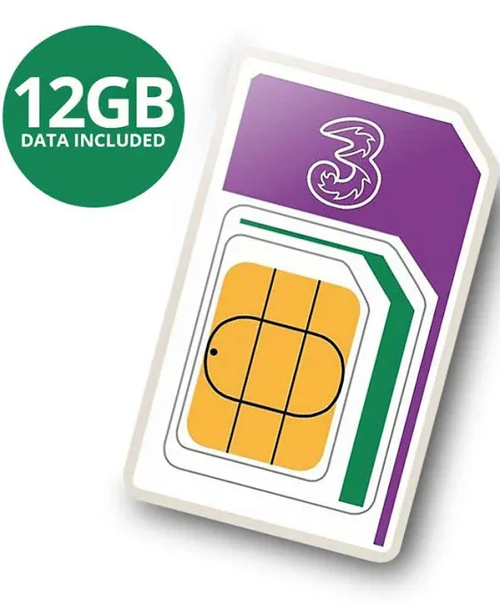 PrePaid Europe UK THREE sim card 12GB data+3000 minutes+3000 texts for 30 day...