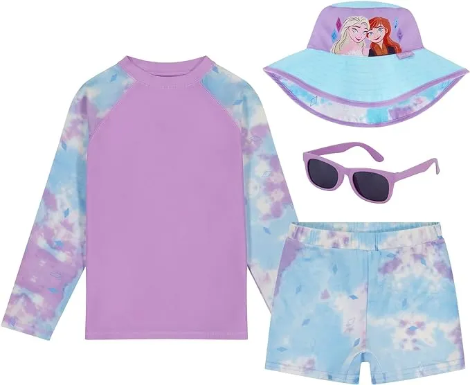 Frozen Girls 4-Piece Kids Set, Long Sleeves Rash Guard, Swim Shorts, Glasses & Bucket Hat - Size 3T