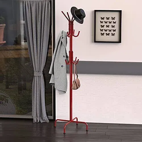 Simple Houseware Standing Coat and Hat Hanger Organizer Rack, 12 Hooks Red