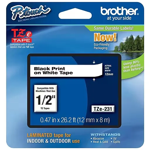 Brother P-touch TZe-231 Laminated Label Maker Tape, 1/2" x 26-2/10', Black On White (TZe-231)